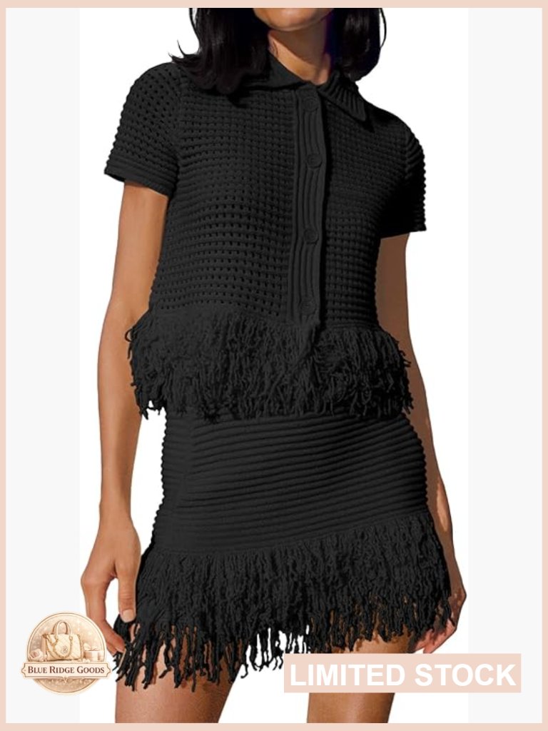 Crochet Button Sweater Fringe Skirt Set Summer Casual Outfit Y2k Chic